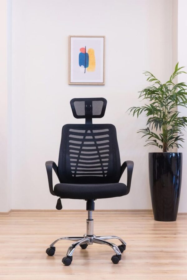 an Ergonomic Head Rest Office Chair, Stylish black mesh back swivel chair, Ergonomic black mesh back desk chair, Contemporary office chair with black mesh back , Sleek black mesh back office chair, Black mesh back modern office chair