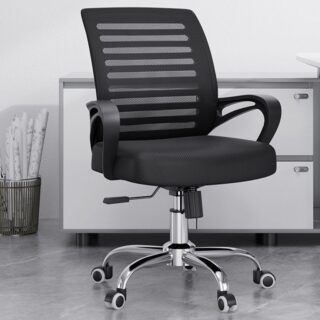Ergonomic office task chair, Black mesh chair, Office seating, Breathable mesh, Lumbar support, Adjustable features, Task chair, Business furniture, Sleek office decor, Contemporary design, Office essentials, Workspace efficiency, Modern office, Ergonomic comfort, Office upgrade, Stylish task chair, Productivity chair, Mesh backrest, Comfortable workspace.
