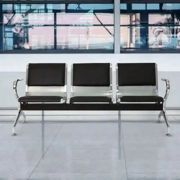 Three-link padded waiting bench, Waiting area seating, Padded bench, Reception furniture, Contemporary design, Visitor seating, Comfortable waiting area, Business furniture, Office decor, Professional ambiance, Plush seating, Stylish waiting bench, Reception essentials, Modern office, Office upgrade, Waiting room efficiency, Reception bench, Visitor comfort, Waiting area upgrade.