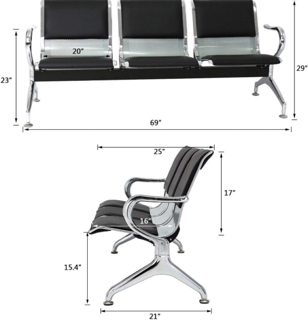 3 Link padded office waiting bench, office waiting bench, black waiting bench, office furniture,black visitors bench