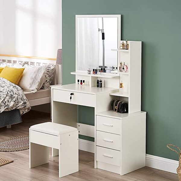 Modern Dressing Table Stool Bedroom Vanity Set Makeup Desk With Mirror & 4 Drawers