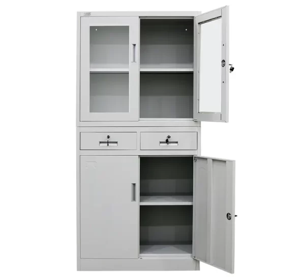 4-Door Lockable Steel Stationary Storage Cabinet, Display Windows, 2 Drawers, Grey