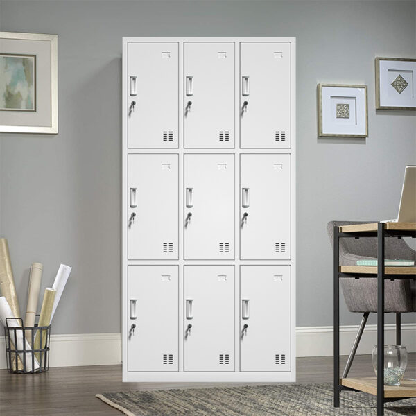 This locker cabinet will not only be ideal for sports locker rooms or company changing rooms, but can also add a cool, industrial touch to the office or school. With 9 separate compartments with doors, this locker cabinet has ample storage space for keeping clothes and other personal belongings safe. Each compartment has a mirror and a name card holder. The plastic feet prevent your floors from getting scratched up. This locker cabinet is made of high-quality steel, making it durable as well as easy to clean. Assembly is easy.