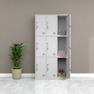This locker cabinet will not only be ideal for sports locker rooms or company changing rooms, but can also add a cool, industrial touch to the office or school. With 9 separate compartments with doors, this locker cabinet has ample storage space for keeping clothes and other personal belongings safe. Each compartment has a mirror and a name card holder. The plastic feet prevent your floors from getting scratched up. This locker cabinet is made of high-quality steel, making it durable as well as easy to clean. Assembly is easy.