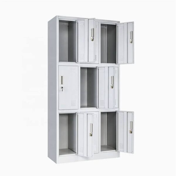 This locker cabinet will not only be ideal for sports locker rooms or company changing rooms, but can also add a cool, industrial touch to the office or school. With 9 separate compartments with doors, this locker cabinet has ample storage space for keeping clothes and other personal belongings safe. Each compartment has a mirror and a name card holder. The plastic feet prevent your floors from getting scratched up. This locker cabinet is made of high-quality steel, making it durable as well as easy to clean. Assembly is easy.