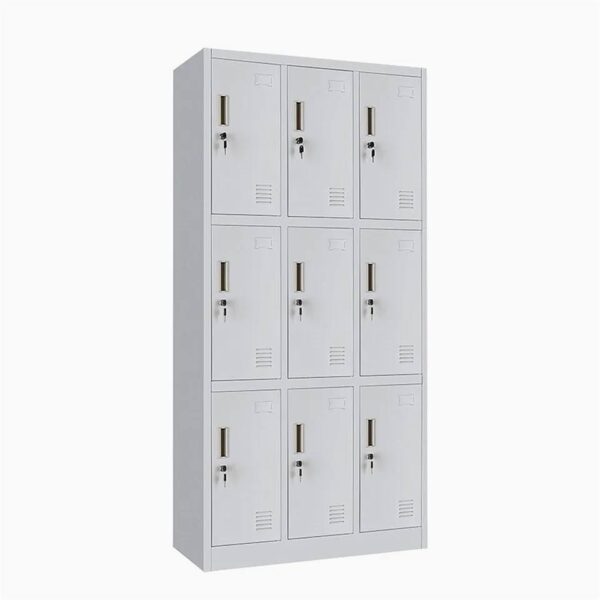 This locker cabinet will not only be ideal for sports locker rooms or company changing rooms, but can also add a cool, industrial touch to the office or school. With 9 separate compartments with doors, this locker cabinet has ample storage space for keeping clothes and other personal belongings safe. Each compartment has a mirror and a name card holder. The plastic feet prevent your floors from getting scratched up. This locker cabinet is made of high-quality steel, making it durable as well as easy to clean. Assembly is easy.