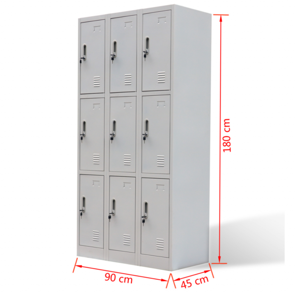 This locker cabinet will not only be ideal for sports locker rooms or company changing rooms, but can also add a cool, industrial touch to the office or school. With 9 separate compartments with doors, this locker cabinet has ample storage space for keeping clothes and other personal belongings safe. Each compartment has a mirror and a name card holder. The plastic feet prevent your floors from getting scratched up. This locker cabinet is made of high-quality steel, making it durable as well as easy to clean. Assembly is easy.