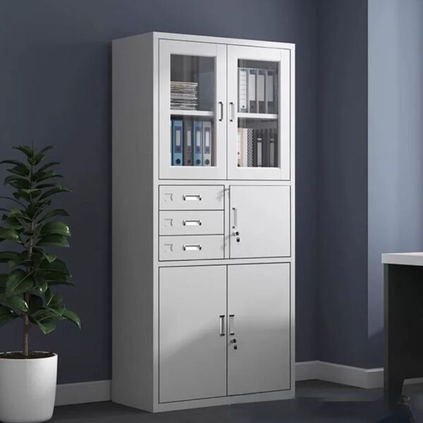 White Steel Modern Storage Cabinet with Clear View Doors, Adjustable Shelves, and Locking Drawers