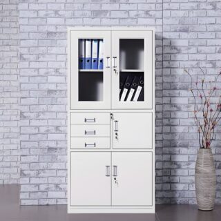 White Steel Modern Storage Cabinet with Clear View Doors, Adjustable Shelves, and Locking Drawers