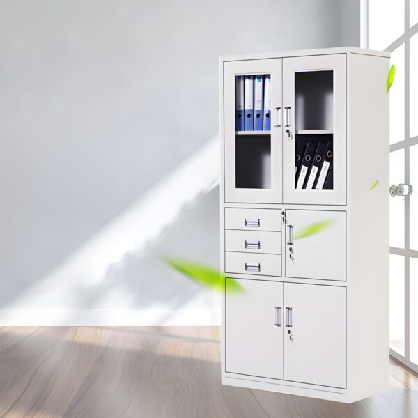 White Steel Modern Storage Cabinet with Clear View Doors, Adjustable Shelves, and Locking Drawers