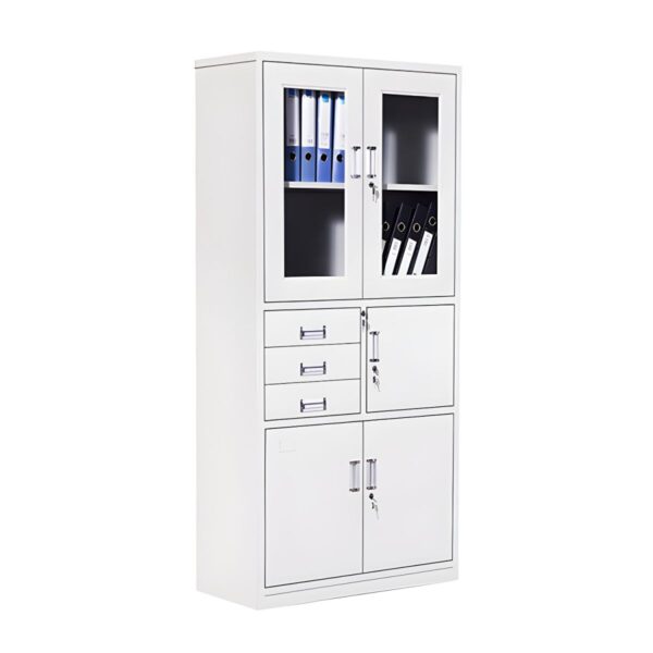 White Steel Modern Storage Cabinet with Clear View Doors, Adjustable Shelves, and Locking Drawers