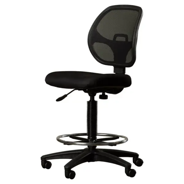 Black reception/cashier office chair, office chairs, reception chair next to a flower in a vase.