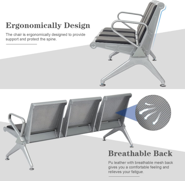 Padded Office Waiting Bench, office waiting bench, black 3 link bench