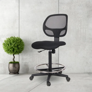 Black reception/cashier office chair, office chairs, reception chair next to a flower in a vase.