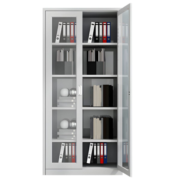white 2 Door Full Glass Filing Cabinet, Office filing cabinet with 5 compartments, filing cabinet