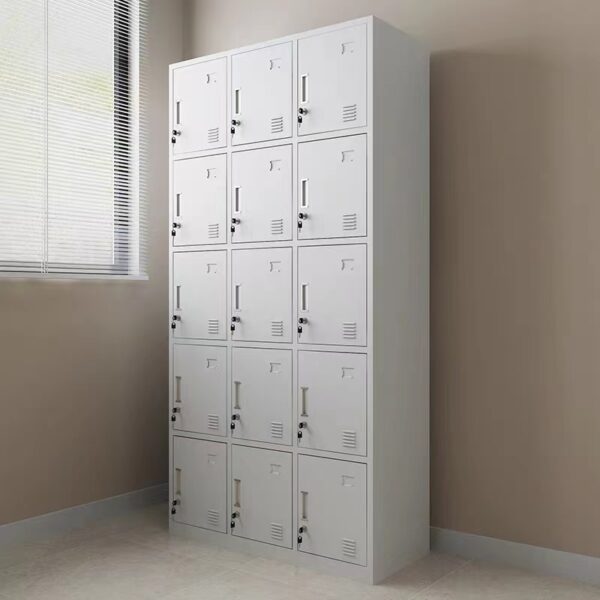 steel, office cabinet, 15 lockers, durable, secure storage, high-quality, powder-coated, galvanized, rust-resistant, dimensions, organizational efficiency, locking mechanism, key lock, combination lock, electronic lock, security, internal organization, shelving, hooks, ventilation, mobility, wheels, aesthetic design, color options, office decor, reputable brand, customer reviews, price comparison, manufacturer's warranty.