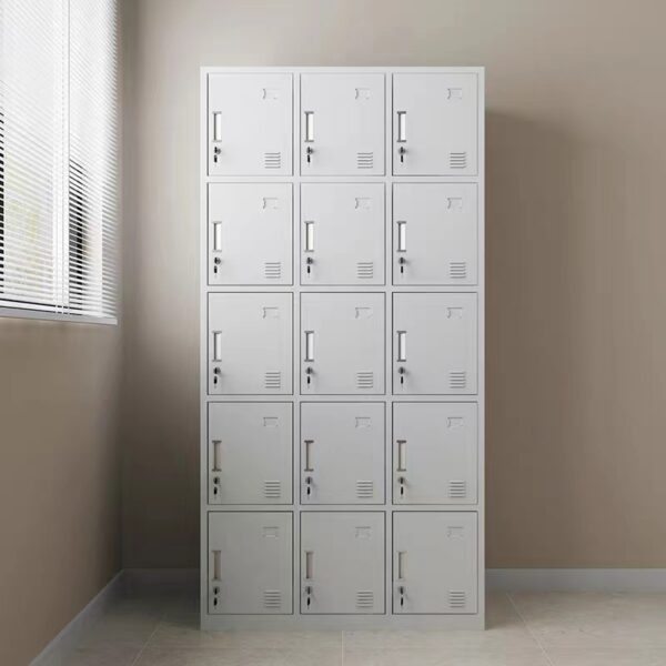 steel, office cabinet, 15 lockers, durable, secure storage, high-quality, powder-coated, galvanized, rust-resistant, dimensions, organizational efficiency, locking mechanism, key lock, combination lock, electronic lock, security, internal organization, shelving, hooks, ventilation, mobility, wheels, aesthetic design, color options, office decor, reputable brand, customer reviews, price comparison, manufacturer's warranty.