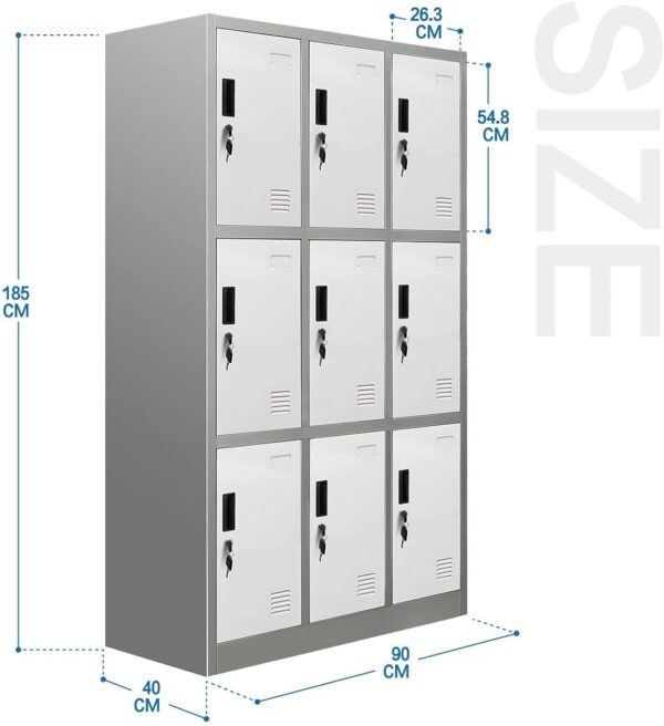 9 Locker steel office cabinet, office storage, durable construction, multiple compartments, secure locking system, organizational solution, executive office furniture, professional appearance, high-quality materials, secure storage, office decor, filing cabinet, storage solution, contemporary design, sturdy construction, commercial use, office organization, office furniture, functional design, efficient storage, office interior, industrial office furniture, steel cabinet, versatile storage, space-saving solution, office security, organizational efficiency, professional workspace, office aesthetics.