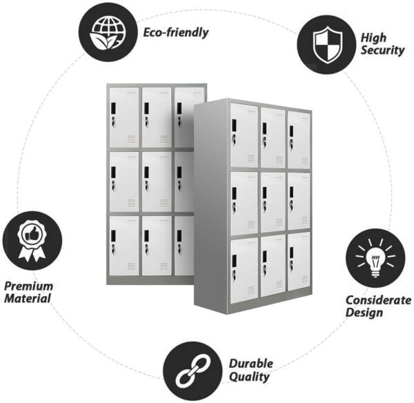 9 Locker steel office cabinet, office storage, durable construction, multiple compartments, secure locking system, organizational solution, executive office furniture, professional appearance, high-quality materials, secure storage, office decor, filing cabinet, storage solution, contemporary design, sturdy construction, commercial use, office organization, office furniture, functional design, efficient storage, office interior, industrial office furniture, steel cabinet, versatile storage, space-saving solution, office security, organizational efficiency, professional workspace, office aesthetics.