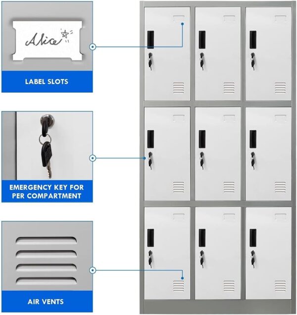 9 Locker steel office cabinet, office storage, durable construction, multiple compartments, secure locking system, organizational solution, executive office furniture, professional appearance, high-quality materials, secure storage, office decor, filing cabinet, storage solution, contemporary design, sturdy construction, commercial use, office organization, office furniture, functional design, efficient storage, office interior, industrial office furniture, steel cabinet, versatile storage, space-saving solution, office security, organizational efficiency, professional workspace, office aesthetics.