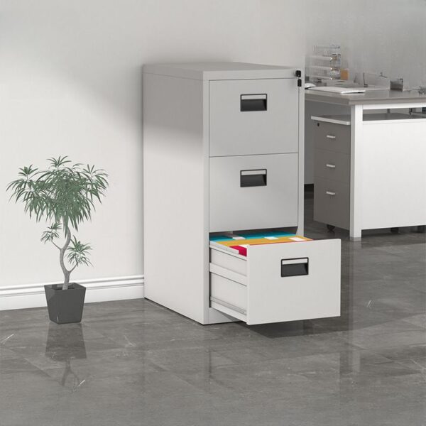 Office 3-Drawers Filing Cabinet Overview: The Office 3-Drawers Filing Cabinet is a robust and efficient storage solution designed to keep your office organized and clutter-free. With three spacious drawers, this cabinet is perfect for storing important documents, files, and office supplies, ensuring they are easily accessible and well-organized. Key Features: Sturdy Construction: Built from high-quality steel or engineered wood for durability and long-lasting use. Smooth Drawer Mechanism: Equipped with smooth ball-bearing slides for easy and quiet drawer operation. Lockable Drawers: Central locking system to secure all drawers simultaneously, ensuring the safety of your important documents. Spacious Storage: Three large drawers that can accommodate letter-size, legal-size, and A4-size files. Modern Design: Sleek and contemporary design that fits seamlessly into any office decor. Anti-Tip Mechanism: Prevents the cabinet from tipping over when drawers are fully extended. Specifications: Material: Body: High-quality steel or engineered wood Handles: Stainless steel or high-grade plastic Color Options: Available in black, white, grey, and wood finishes Dimensions: Height: 1020mm (40.2 inches) Width: 450mm (17.7 inches) Depth: 600mm (23.6 inches) Weight Capacity: Each drawer supports up to 25 kg (55 lbs) Benefits: Enhanced Organization: Keeps documents and office supplies neatly organized and easily accessible. Secure Storage: Lockable drawers ensure the security of sensitive documents. Durable and Reliable: High-quality construction ensures the cabinet will withstand daily use. Stylish Addition: Modern design enhances the aesthetics of any office environment. Easy Access: Smooth drawer slides allow for easy opening and closing. Ideal For: Corporate offices Home offices Educational institutions Healthcare facilities Legal firms Package Includes: 1 x 3-Drawers Filing Cabinet Assembly instructions and hardware (if required for assembly) 2 x Keys for the central locking system Assembly: Some models may require minimal assembly, such as attaching handles. Clear instructions and all necessary hardware are included to facilitate the process. Assembly can typically be completed within 15-20 minutes. Maintenance: To maintain the cabinet's appearance and functionality, regularly clean the surface with a damp cloth and mild cleaning solution. Avoid using abrasive cleaners or materials that could scratch the surface. Periodically check and tighten any screws or bolts to ensure the cabinet remains sturdy. The Office 3-Drawers Filing Cabinet is an essential piece of office furniture that combines functionality, security, and style. Its ample storage space, lockable drawers, and durable construction make it an excellent choice for any office environment, helping to keep your workspace organized and efficient.